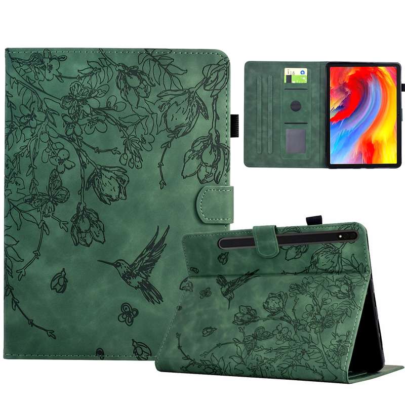For Samsung Galaxy Tab S9 Flowers and Bird Embossed Smart Leather Tablet Case(Brown)