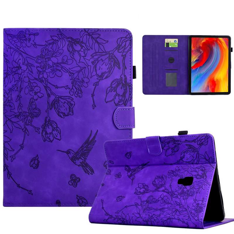 For Samsung Galaxy Tab A 10.5 T590 Flowers and Bird Embossed Smart Leather Tablet Case(Brown)