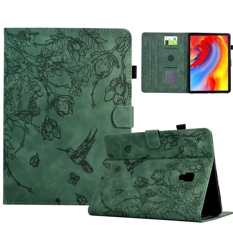 For Samsung Galaxy Tab A 10.5 T590 Flowers and Bird Embossed Smart Leather Tablet Case(Brown)