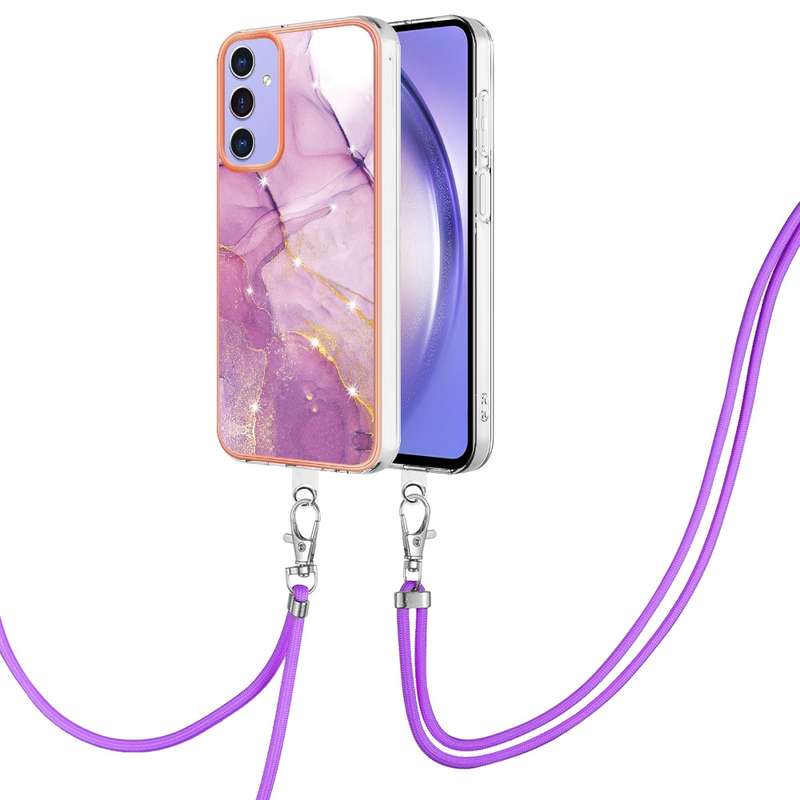 For Samsung Galaxy A16 5G Electroplating Marble Dual-side IMD Phone Case with Lanyard(Purple 001)
