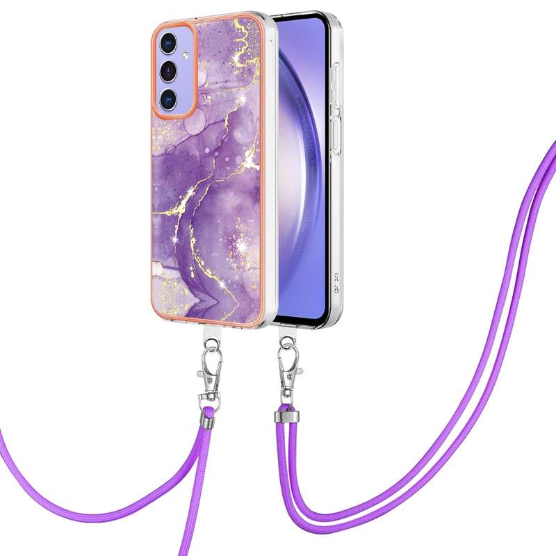 For Samsung Galaxy A16 5G Electroplating Marble Dual-side IMD Phone Case with Lanyard(Purple 001)
