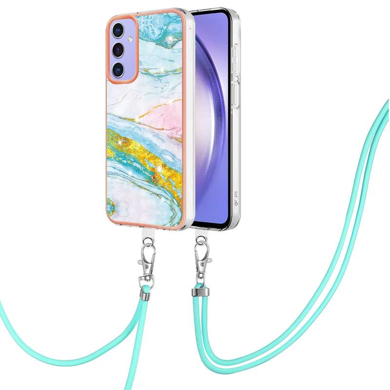 For Samsung Galaxy A16 5G Electroplating Marble Dual-side IMD Phone Case with Lanyard(Purple 001)