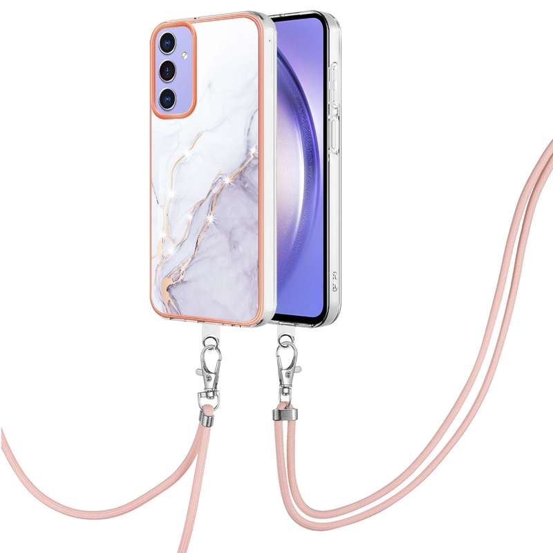 For Samsung Galaxy A16 5G Electroplating Marble Dual-side IMD Phone Case with Lanyard(Purple 001)