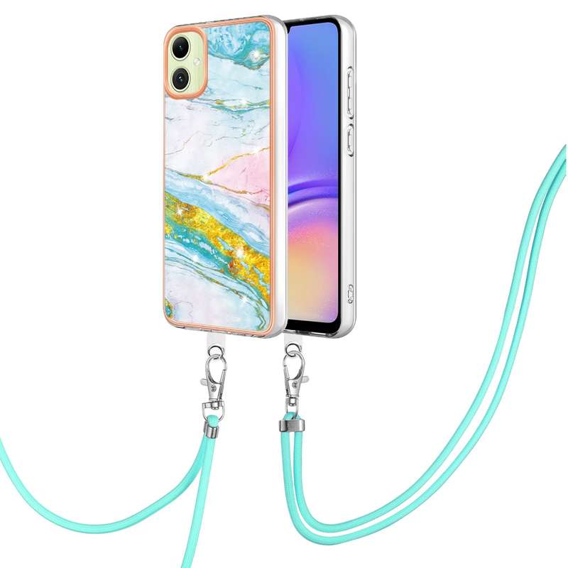 For Samsung Galaxy A06 4G Electroplating Marble Dual-side IMD Phone Case with Lanyard(Purple 001)