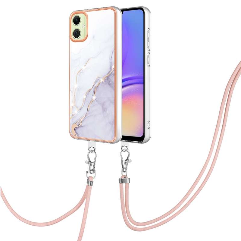 For Samsung Galaxy A06 4G Electroplating Marble Dual-side IMD Phone Case with Lanyard(Purple 001)