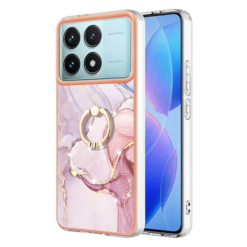For Xiaomi Poco F6 Pro 5G Electroplating Marble IMD TPU Phone Case with Ring Holder(White 006)