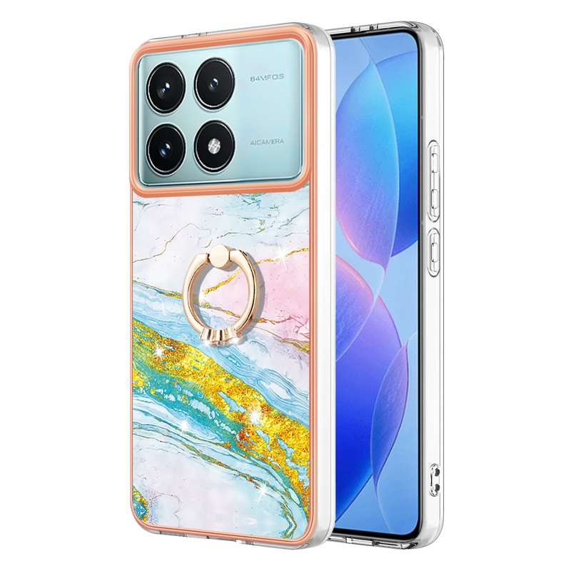 For Xiaomi Poco F6 Pro 5G Electroplating Marble IMD TPU Phone Case with Ring Holder(White 006)