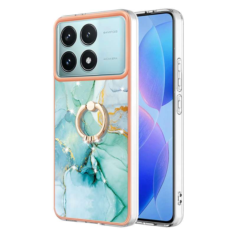 For Xiaomi Poco F6 Pro 5G Electroplating Marble IMD TPU Phone Case with Ring Holder(White 006)