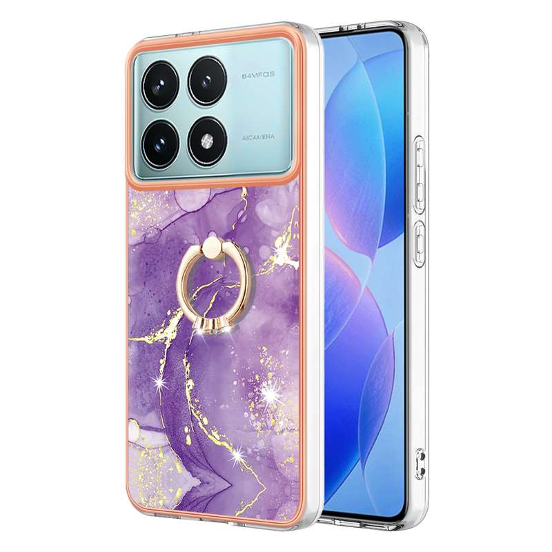 For Xiaomi Poco F6 Pro 5G Electroplating Marble IMD TPU Phone Case with Ring Holder(White 006)