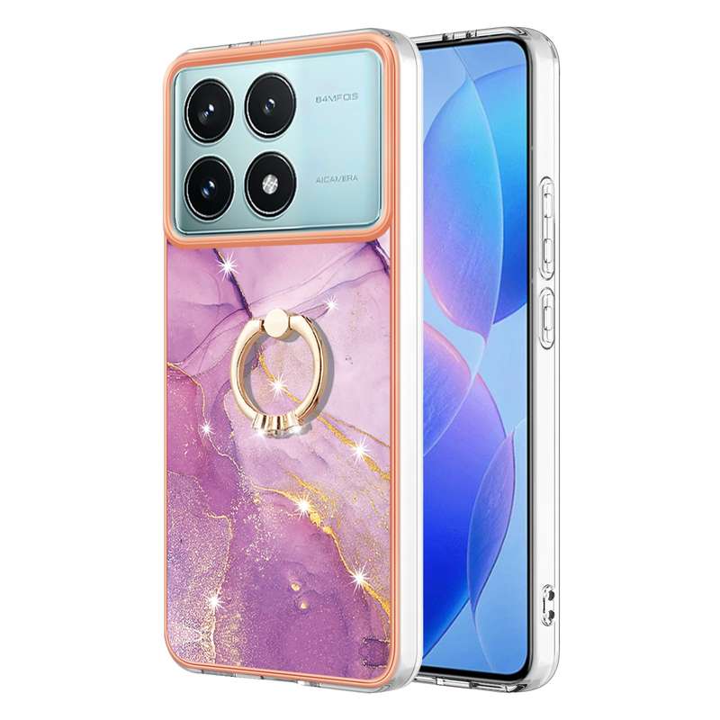 For Xiaomi Poco F6 Pro 5G Electroplating Marble IMD TPU Phone Case with Ring Holder(White 006)