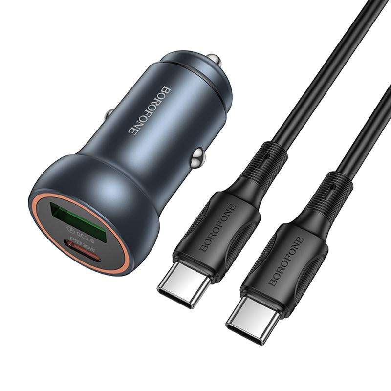 BOROFONE BZ32A Fresh PD30W Type-C and QC3.0 USB Car Charger Set with 1m Type-C Cable(Metal Grey)