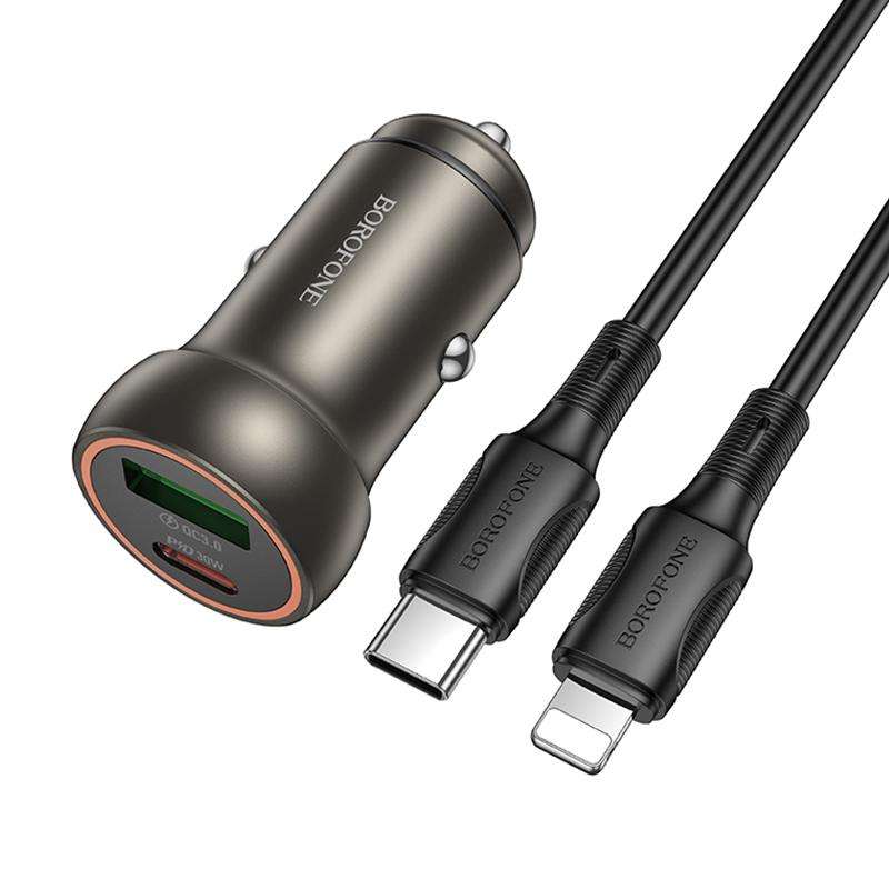 BOROFONE BZ32A Fresh PD30W Type-C and QC3.0 USB Car Charger Set with 1m 8 Pin Cable(Gold)