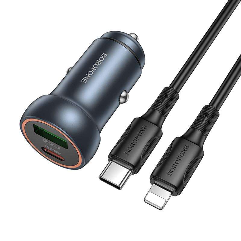 BOROFONE BZ32A Fresh PD30W Type-C and QC3.0 USB Car Charger Set with 1m 8 Pin Cable(Metal Grey)