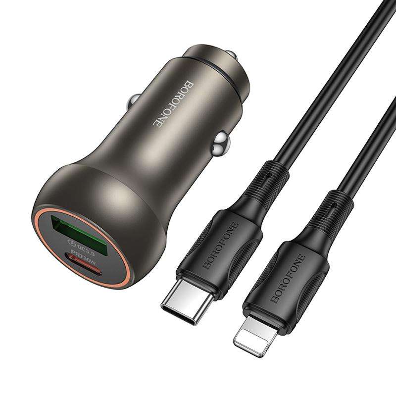 BOROFONE BZ32B Fresh 48W Dual Ports PD30W Type-C and QC3.0 USB Car Charger Set with 1m 8 Pin Cable(G