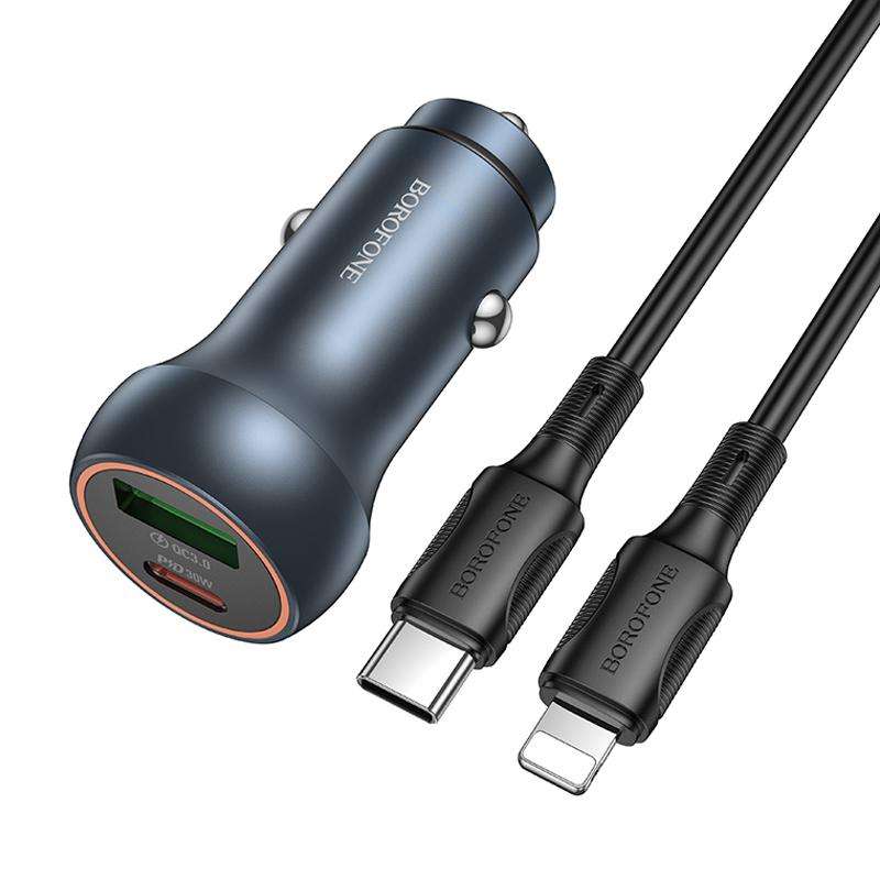 BOROFONE BZ32B Fresh 48W Dual Ports PD30W Type-C and QC3.0 USB Car Charger Set with 1m 8 Pin Cable(M
