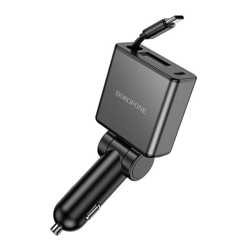 BOROFONE BZ33 Auspicious PD60W Type-Cx2 Car Charger with Retractable Cable(Black)