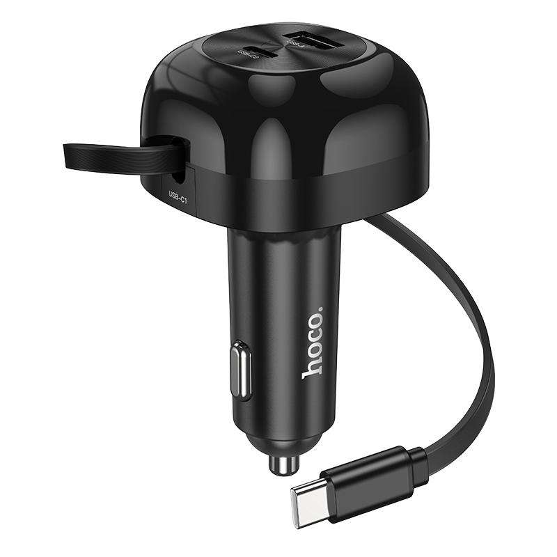 hoco NZ15 Unimpeded PD 60W USB, Type-C Car Charger with Type-C Retractable Cable(Black)