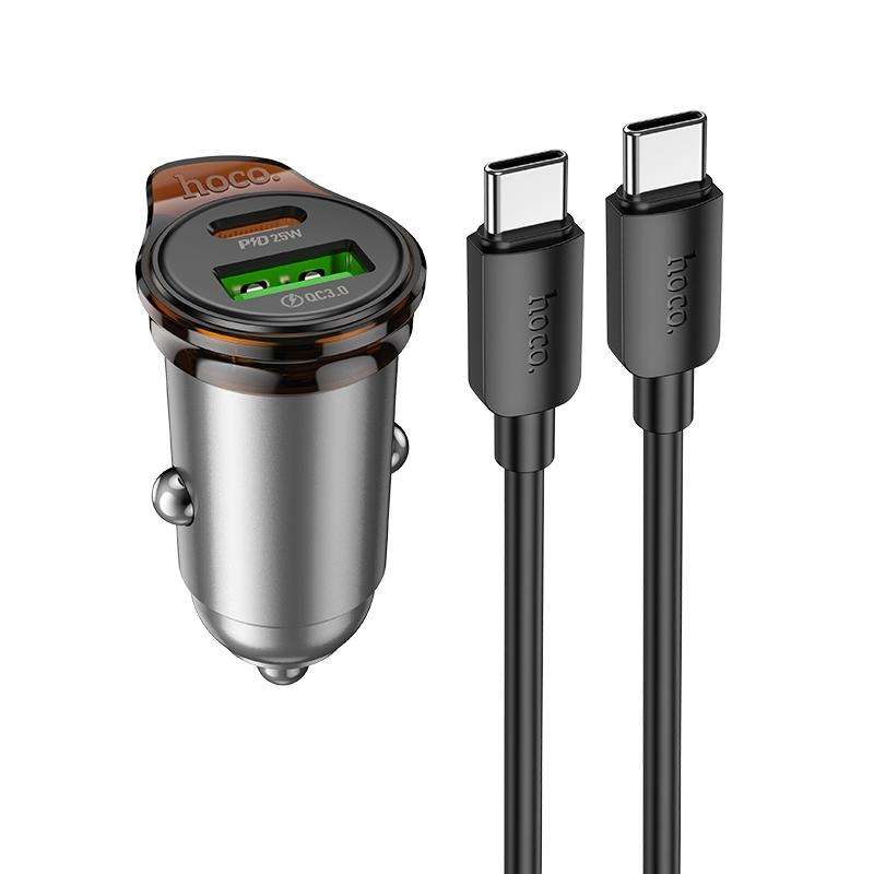 hoco NZ16A Rigorous PD25W and QC3.0 Dual Port Car Charger Set with Type-C to Type-C Cable(Grey)