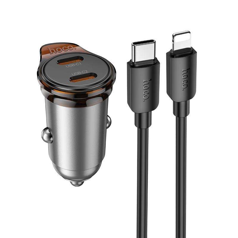 hoco NZ16B Rigorous PD45W USB-C / Type-C Dual Port Car Charger Set with Type-C to 8 Pin Cable(Grey)