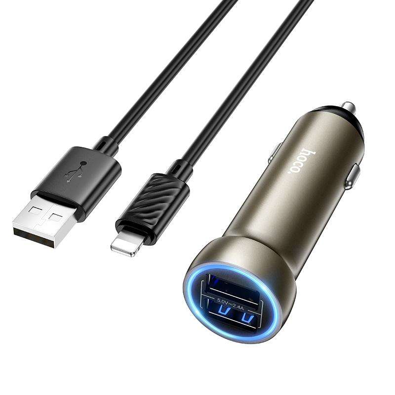 hoco Z54 Prosperous USB-A Dual Port Car Charger Set with USB to 8 Pin Cable(Gold)