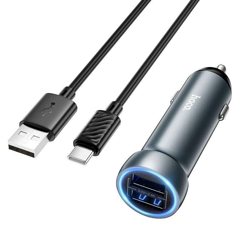 hoco Z54 Prosperous USB-A Dual Port Car Charger Set with USB to Type-C Cable(Grey)