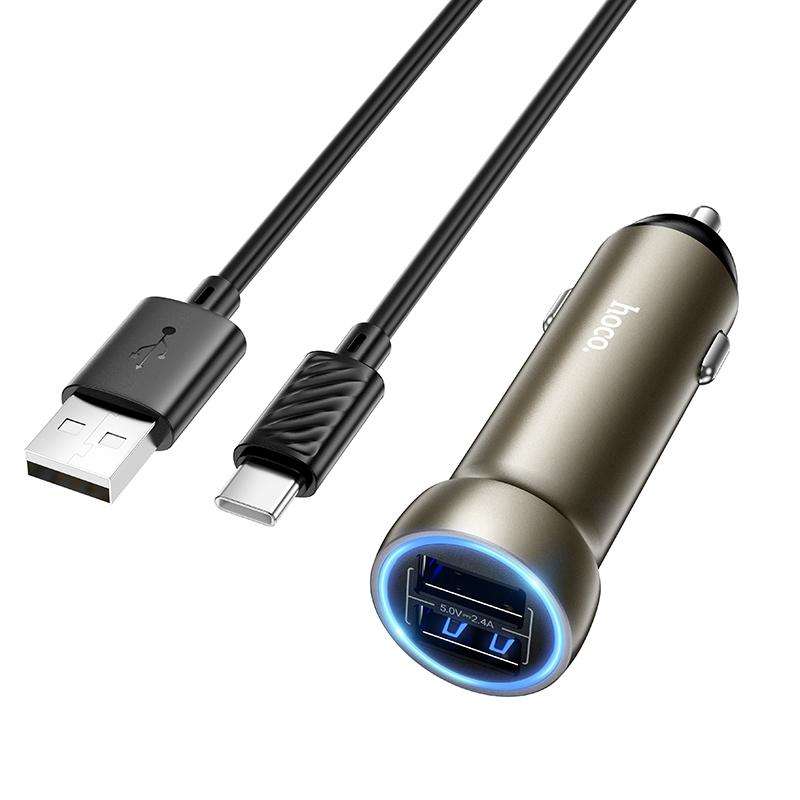 hoco Z54 Prosperous USB-A Dual Port Car Charger Set with USB to Type-C Cable(Gold)