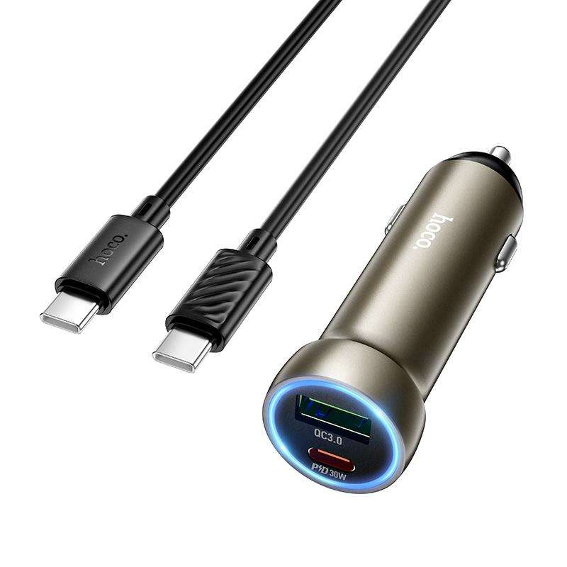 hoco Z54A Prosperous PD30W and QC3.0 Dual Port Car Charger Set with Type-C to Type-C Cable(Gold)