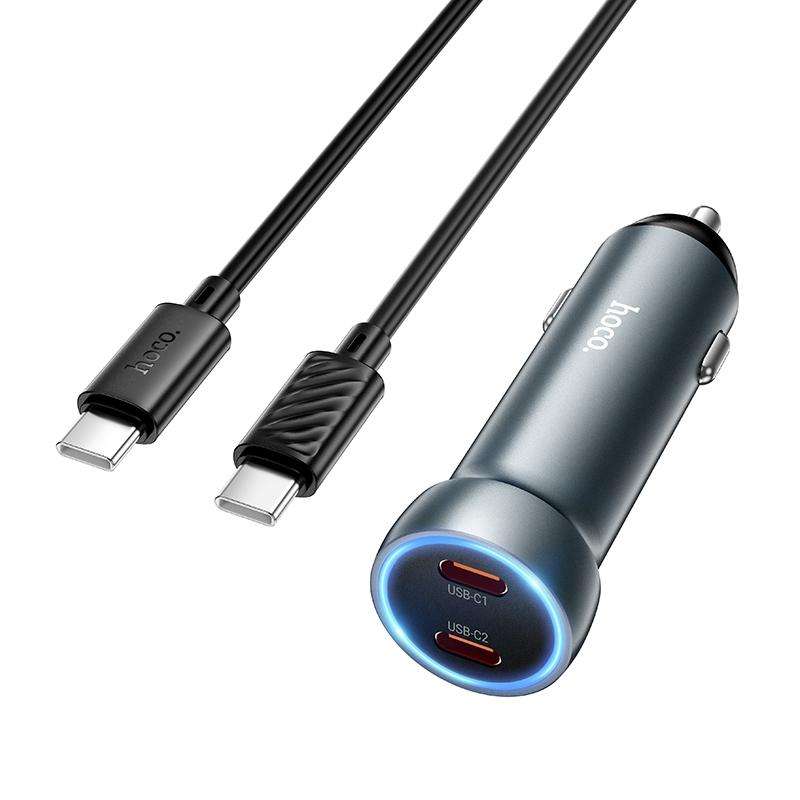 hoco Z54B Prosperous PD60W USB-C / Type-C Dual Port Car Charger Set with Type-C to Type-C Cable(Grey