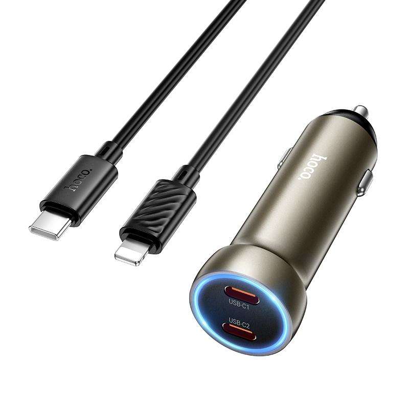 hoco Z54B Prosperous PD60W USB-C / Type-C Dual Port Car Charger Set with Type-C to 8 Pin Cable(Gold)