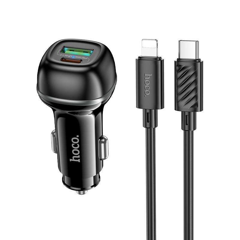 hoco Z58A Rank Dual Port PD30W and QC3.0 Car Charger Set with Type-C to 8 Pin Cable(Black)