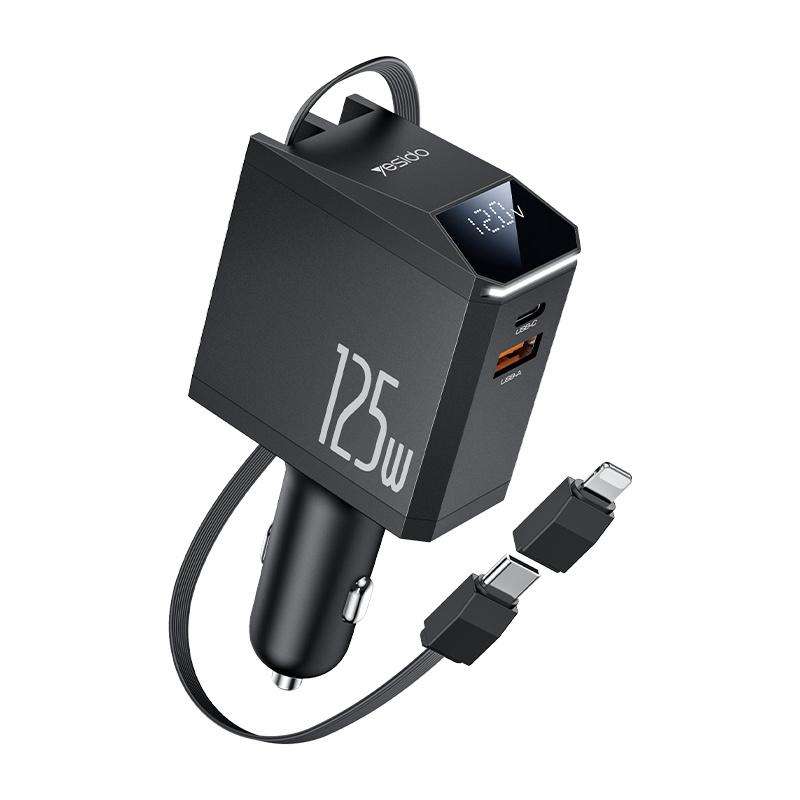 Yesido Y71 125W Type-C + 8 Pin Retractable Cable 3 in 1 Car Charger(Black)