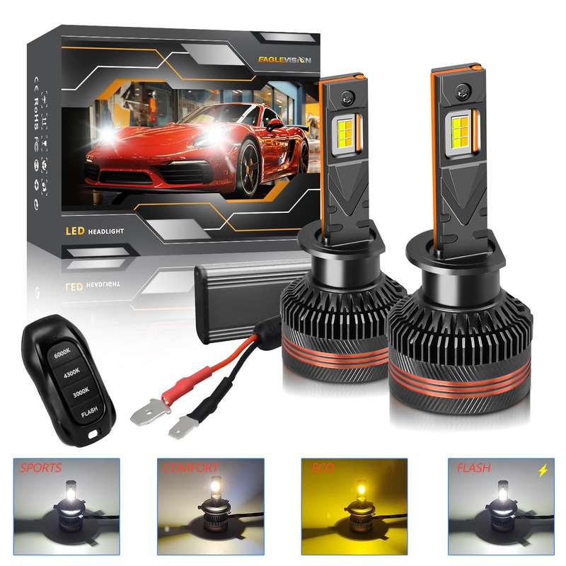 H1 2pcs/Pack 60W 8000LM 6000K Three Color Remote Control Car LED Headlight Bulb
