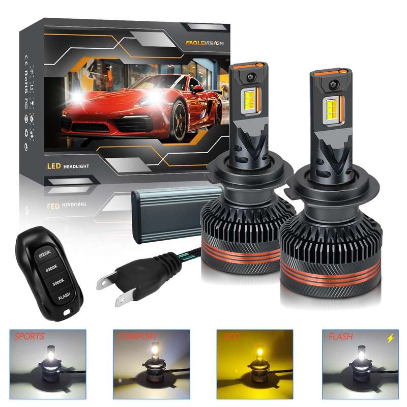 H7 2pcs/Pack 60W 8000LM 6000K Three Color Remote Control Car LED Headlight Bulb