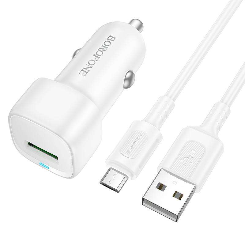 BOROFONE BZ34 Cloud QC3.0 USB Car Charger Set, with 1m USB to Micro USB Cable(White)