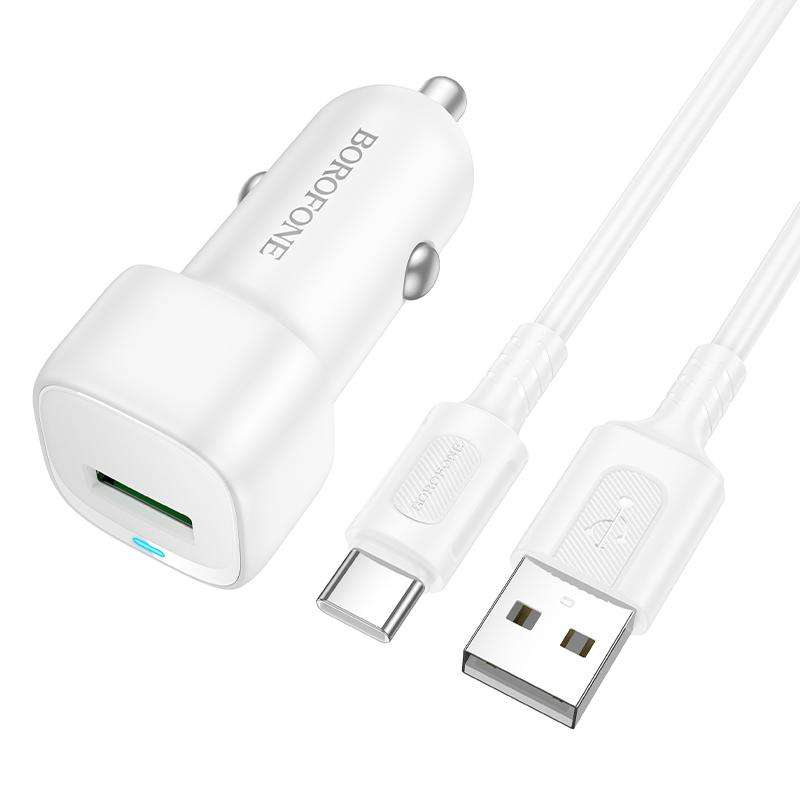 BOROFONE BZ34 Cloud QC3.0 USB Car Charger Set, with 1m USB to Type-C Cable(White)