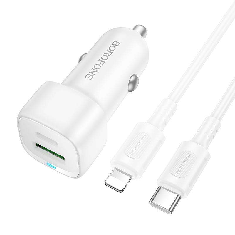 BOROFONE BZ34B Cloud PD38W Type-C and USB Car Fast Charger, with 1m Type-C to 8 Pin Cable(White)