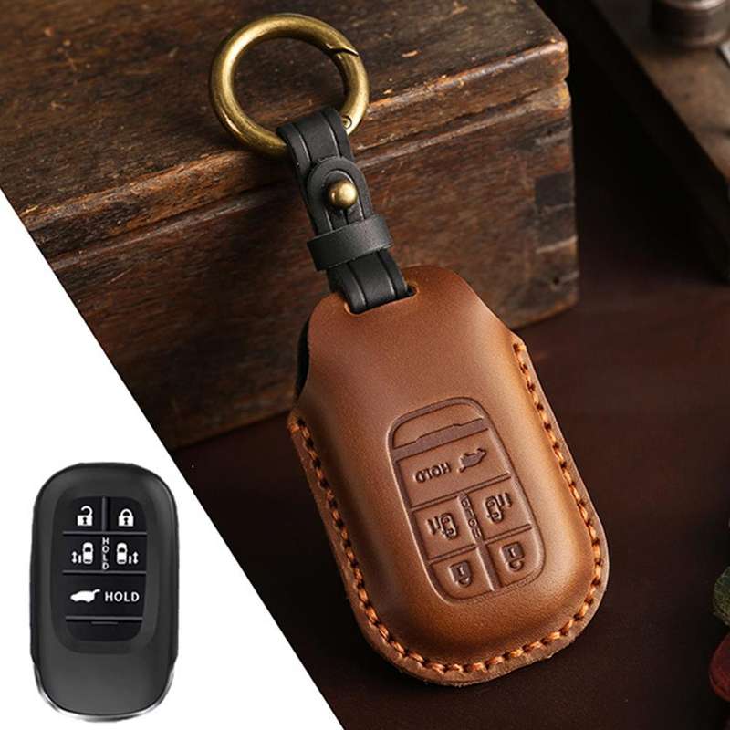 For Honda Odyssey 2024 Hallmo Crazy Horse Cowhide Car Key Protection Cover(5-button Brown)