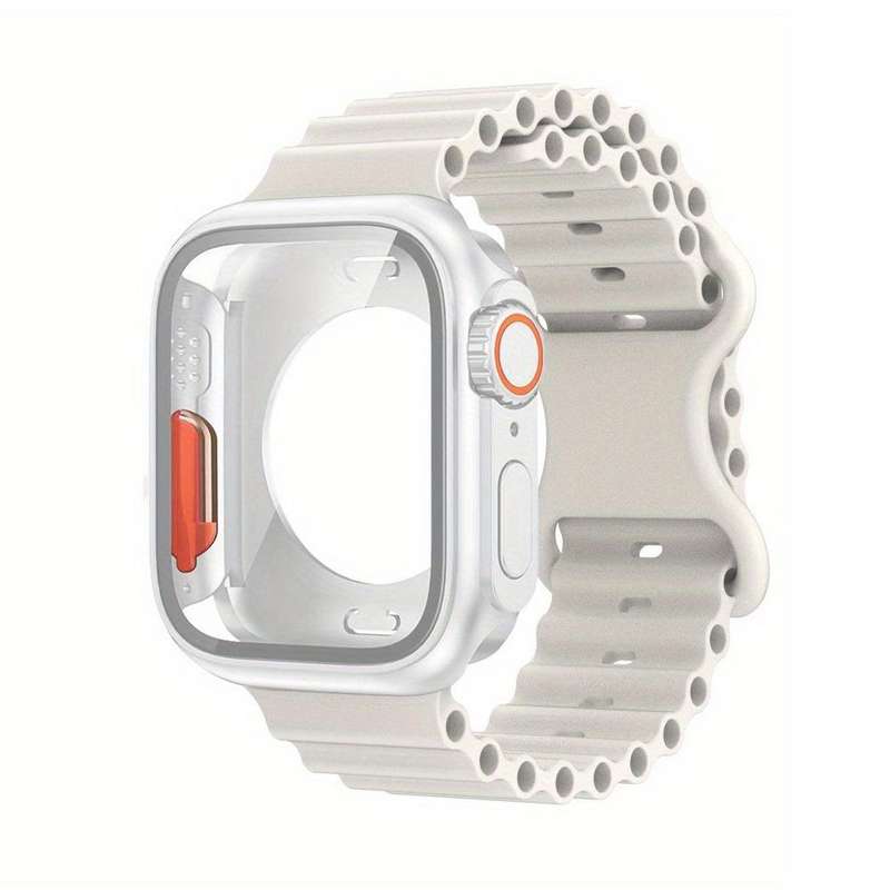 For Apple Watch Series 41mm Butterfly Buckle Ocean Silicone Watch Band with Film Integrated PC Case(