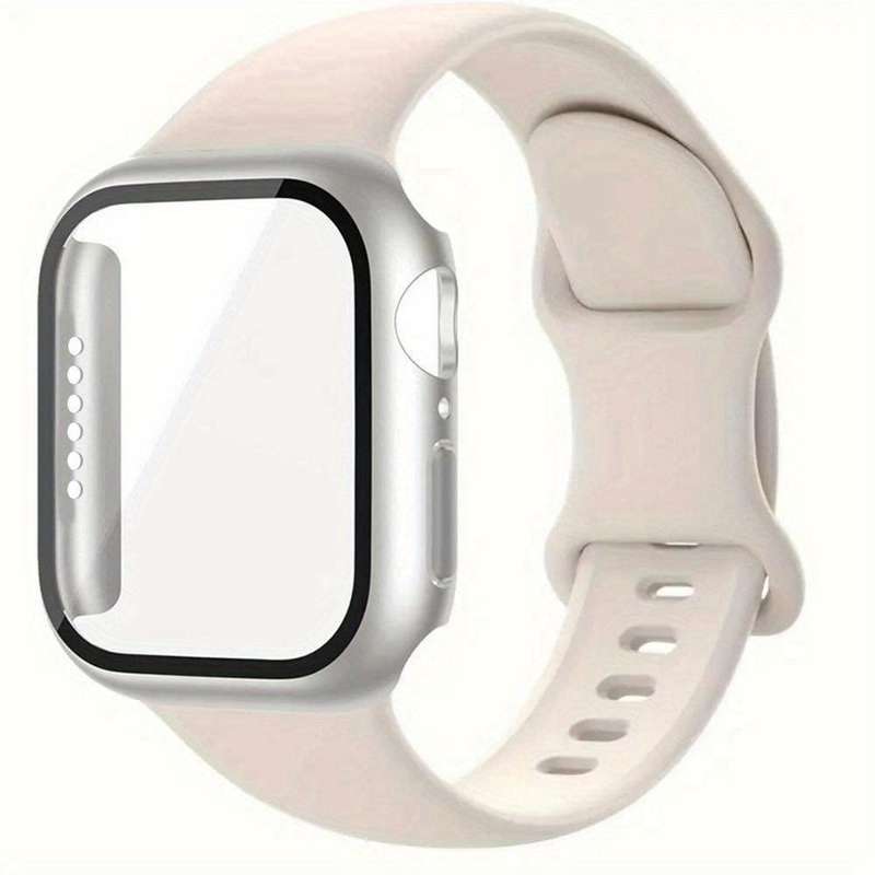 For Apple Watch Series 45mm Butterfly Buckle Silicone Watch Band with Film Integrated PC Cover(White