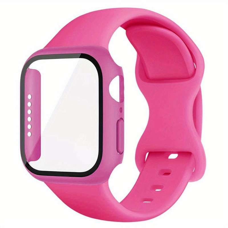 For Apple Watch Series 45mm Butterfly Buckle Silicone Watch Band with Film Integrated PC Cover(White