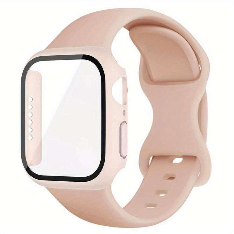 For Apple Watch Series 45mm Butterfly Buckle Silicone Watch Band with Film Integrated PC Cover(White