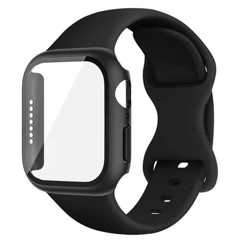 For Apple Watch Series 45mm Butterfly Buckle Silicone Watch Band with Film Integrated PC Cover(White
