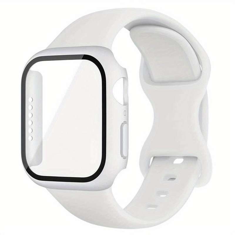 For Apple Watch Series 45mm Butterfly Buckle Silicone Watch Band with Film Integrated PC Cover(White