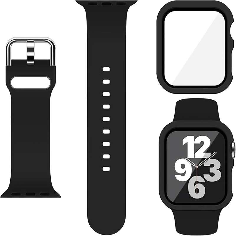 For Apple Watch Series 41mm Pin Buckle Silicone Watch Band with Film Integrated PC Case(Red)