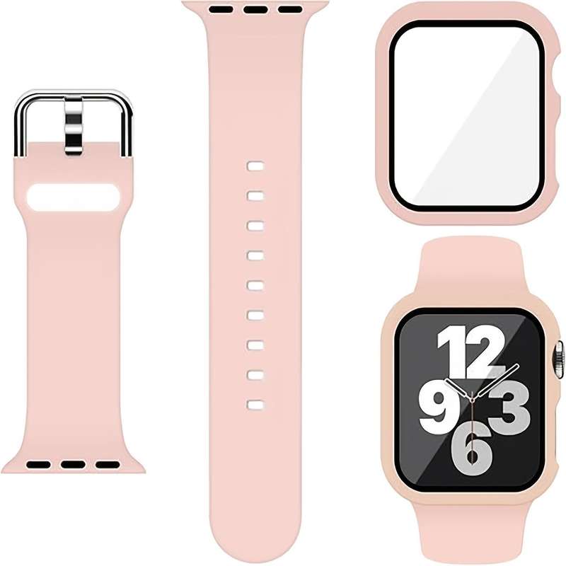 For Apple Watch Series 41mm Pin Buckle Silicone Watch Band with Film Integrated PC Case(Red)