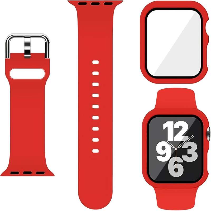 For Apple Watch Series 41mm Pin Buckle Silicone Watch Band with Film Integrated PC Case(Red)