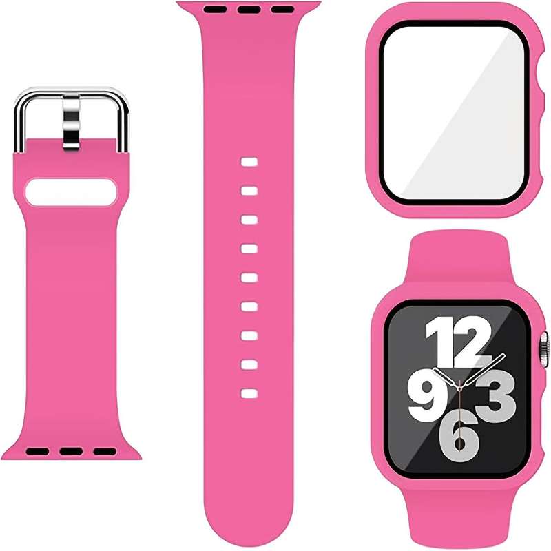 For Apple Watch Series 45mm Pin Buckle Silicone Watch Band with Film Integrated PC Case(Red)