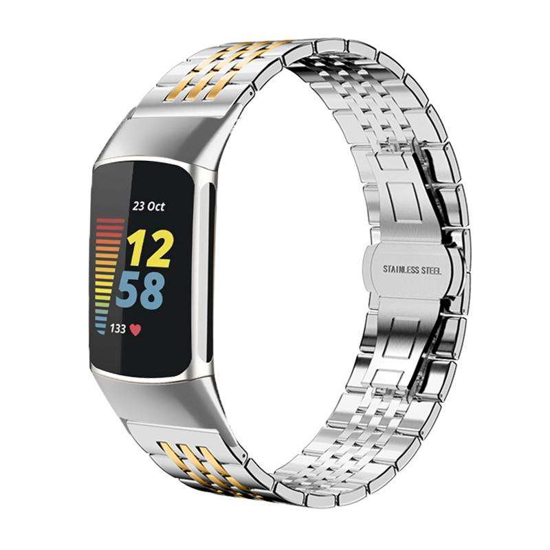 For Fitbit Charge 6 / 5 18mm xDfind Seven-bead Solid Stainless Steel Watch Band(Silver)