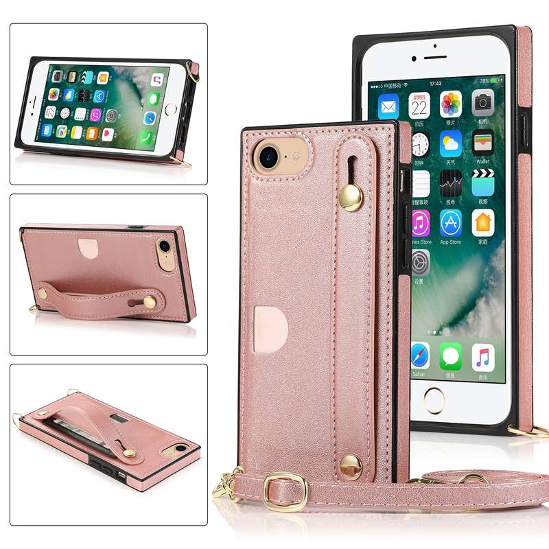 For iPhone 7 / 8 / SE 2020 Wrist Strap PU+TPU Shockproof Protective Case with Crossbody Lanyard & Ho