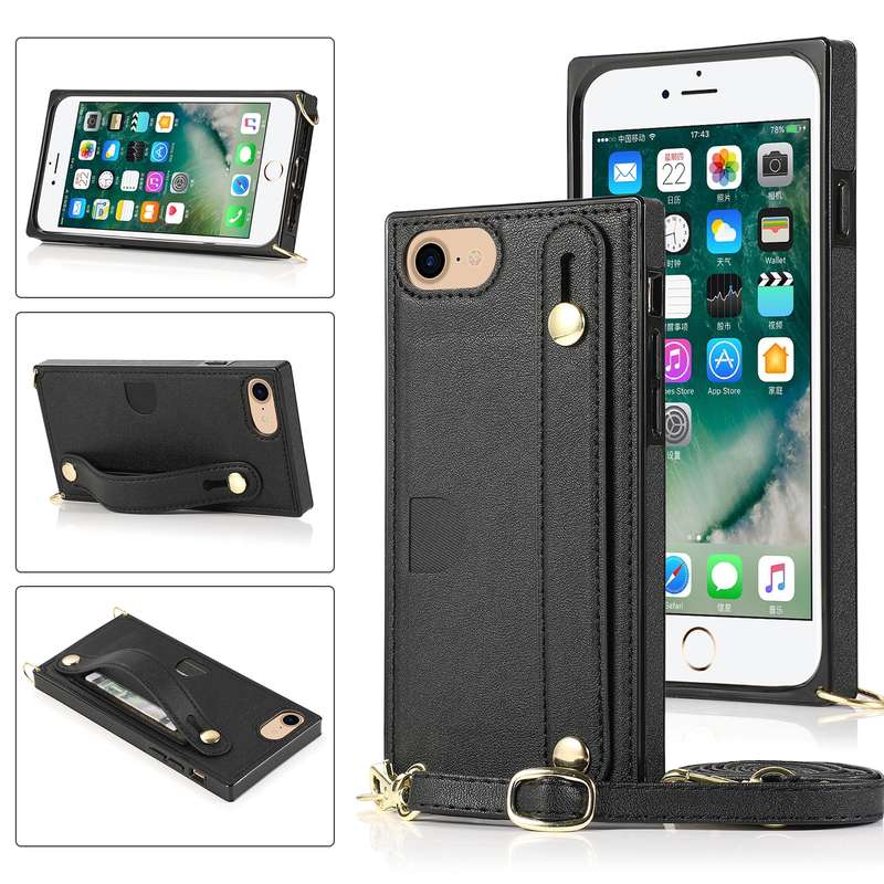 For iPhone 7 / 8 / SE 2020 Wrist Strap PU+TPU Shockproof Protective Case with Crossbody Lanyard & Ho